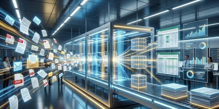 A futuristic digital factory visualization showing the complete workflow of how to automate data extraction from messy sources to clean databases.