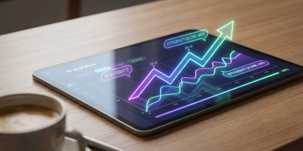 AI analytics dashboard showing real-time data processing and predictive insights for strategic planning.