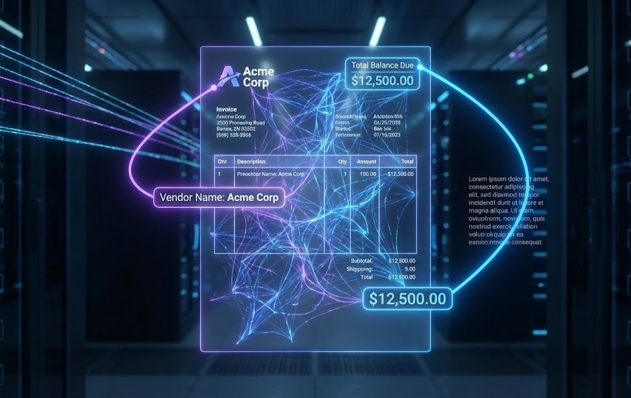 AI-powered extraction technology analyzing a financial PDF, understanding context and linking labels to values regardless of layout