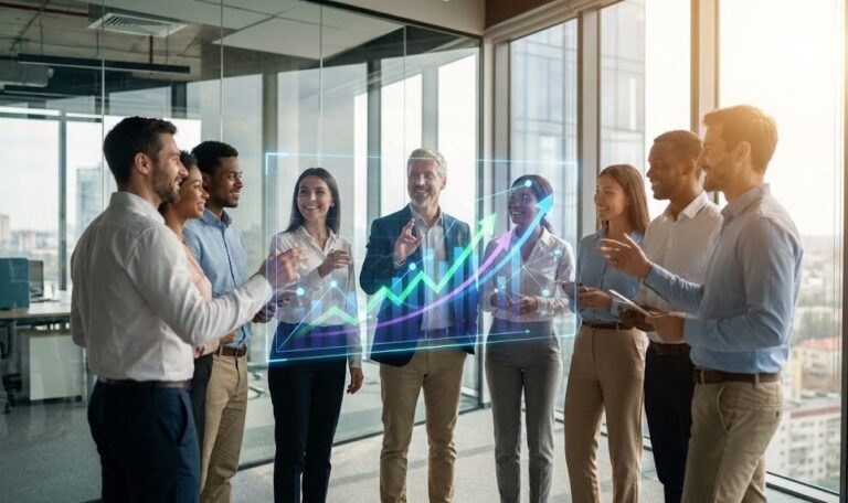 Business team analyzing benefits of ai analytics on a high-tech screen in a modern office.