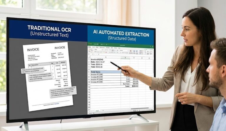 Comparison of traditional OCR raw output versus AI structured data extraction from a PDF invoice.