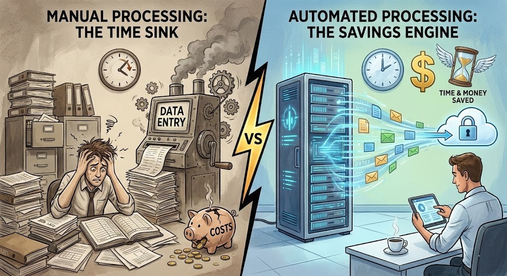 Concept art illustrating why automate data processing saves time and money