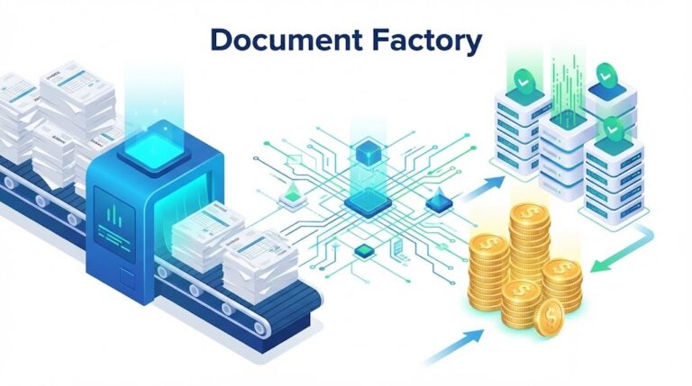 Concept illustration for business document automation explained, showing paper turning into digital value