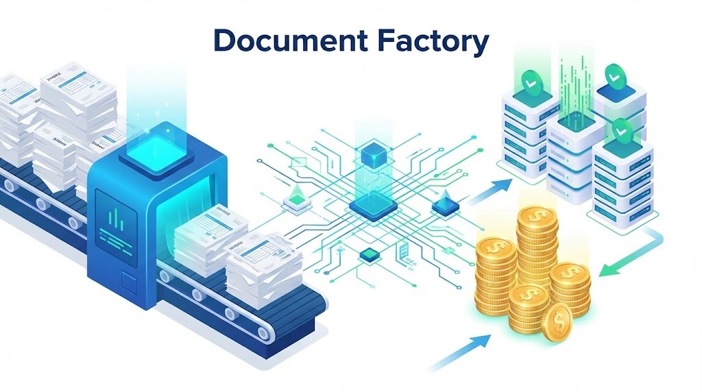 Concept illustration for business document automation explained, showing paper turning into digital value