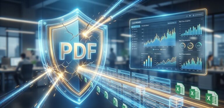 Concept illustration for explaining PDF data extraction, showing locked PDF documents being transformed into structured digital data streams.