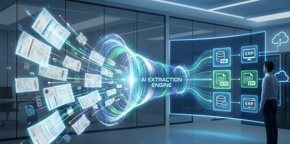 Conceptual illustration showing AI transforming messy. Diagram showing how to extract data from pdfs efficiently