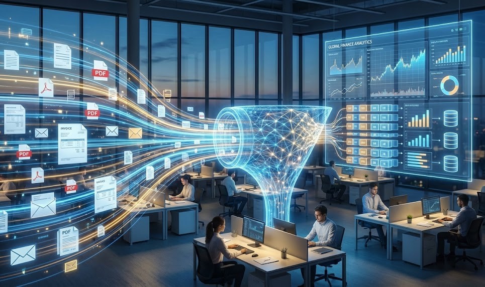 Diagram illustrating the process of what is data extraction, converting chaotic source documents into structured database rows in a modern finance setting.