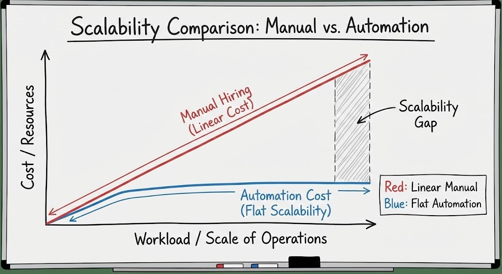 Graph showing scalability gap between linear manual hiring vs flat automation cost