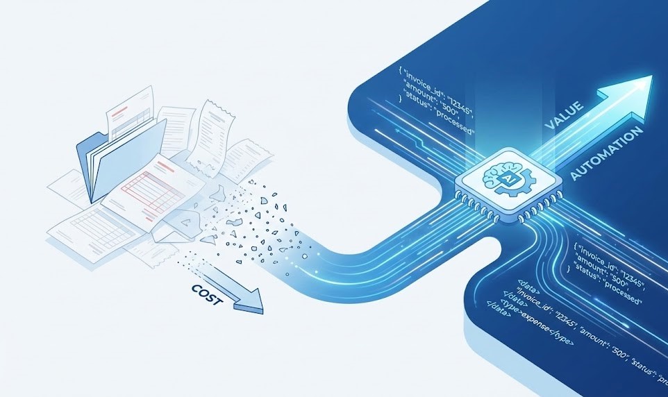 Illustration of operational efficiency and cost reduction through automated data extraction and AI analytics.