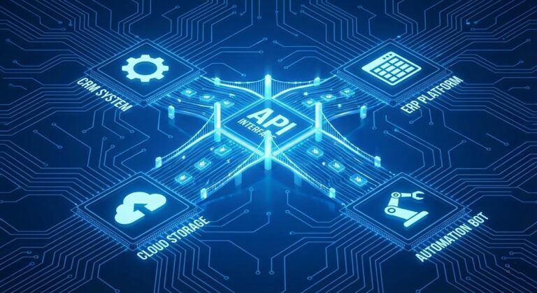 Illustration of the role of api in automation connecting disparate software systems