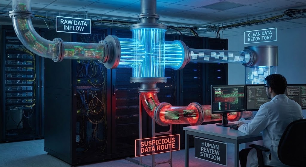 Image of data flowing through a filter where bad data is routed to a human reviewer