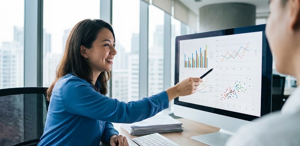 Image of happy employee analyzing charts instead of typing data