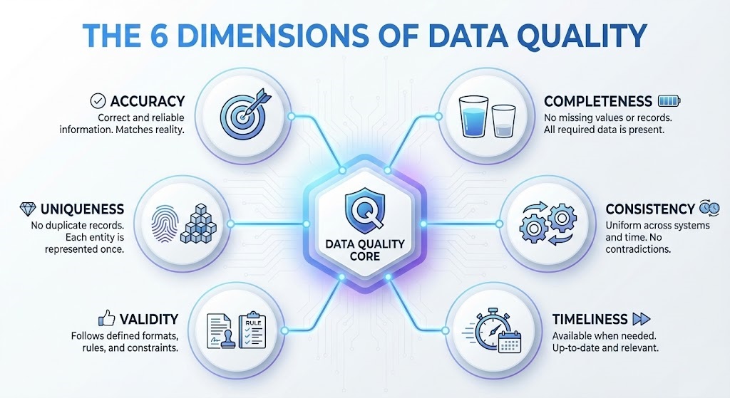Infographic showing the 6 dimensions of data quality accuracy completeness etc