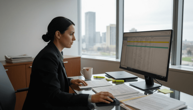 Manager at desk reviewing compliance workflow