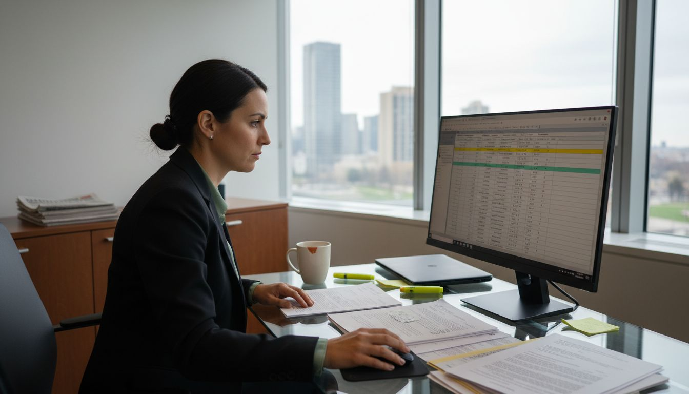 Manager at desk reviewing compliance workflow