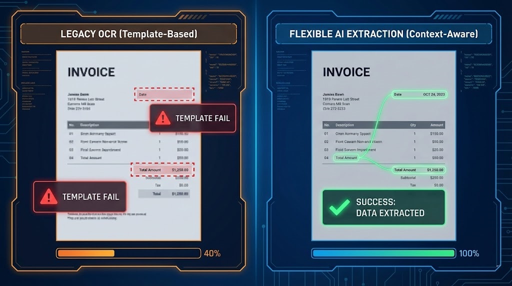 Visual comparison of legacy ocr templates versus flexible ai extraction