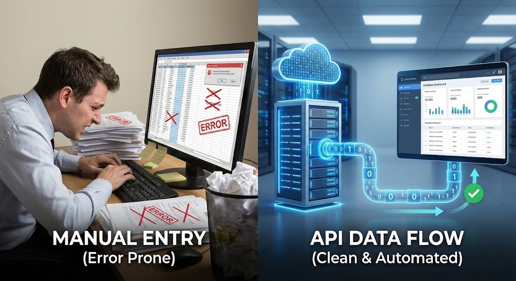 Visual comparison of error prone manual entry versus clean api data flow