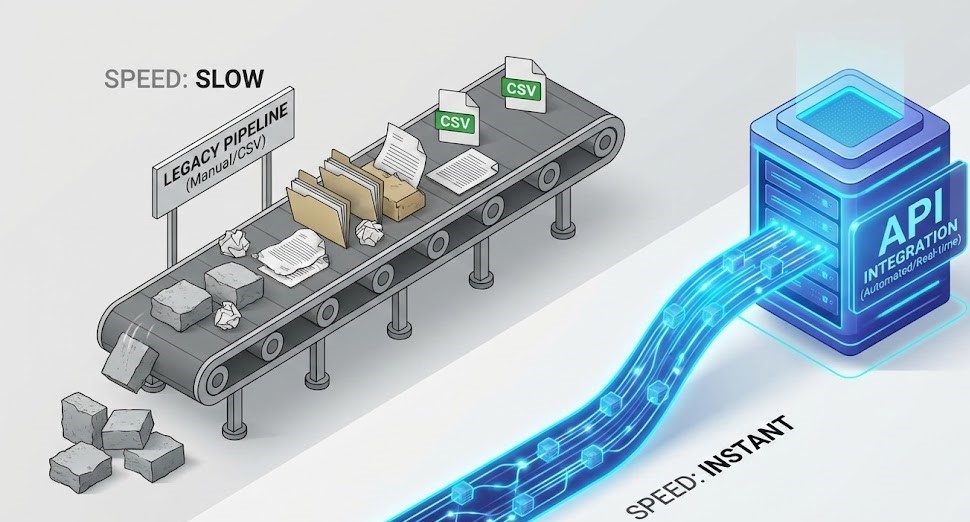Visual comparison of manual data entry vs automated API flow