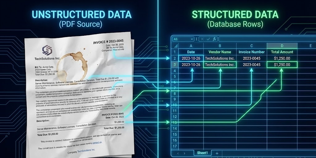 Visual comparison between unstructured pdf data and structured database rows