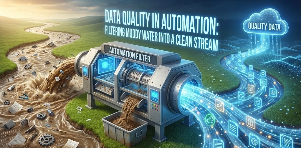 Visual metaphor of data quality in automation filtering muddy water into clean stream