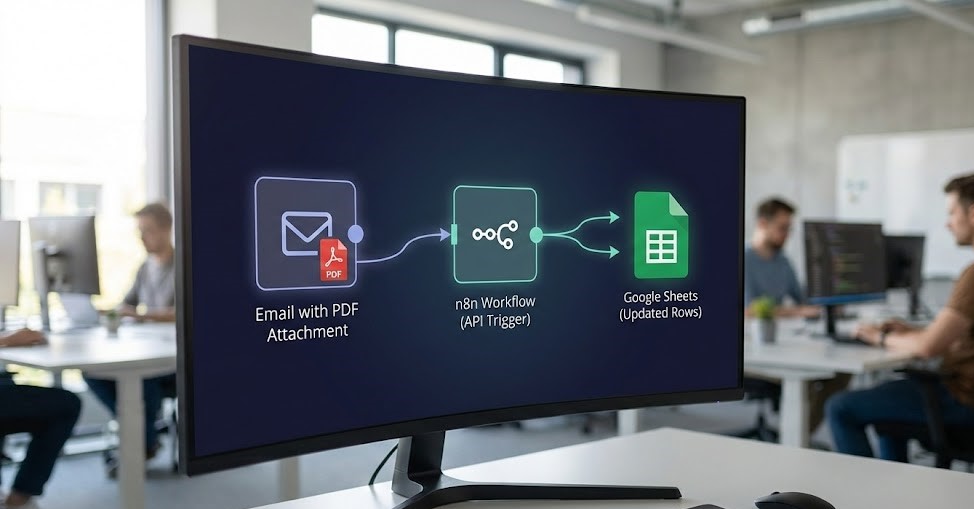 Visual workflow automation interface showing a pipeline from emailed PDFs to Google Sheets via API integration