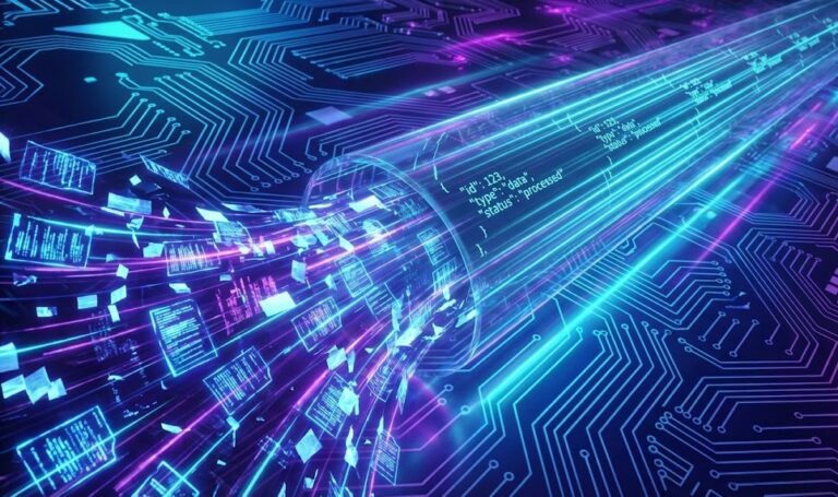 Futuristic visualization of Parserdata API converting unstructured document fragments into organized JSON data structures via a digital highway.