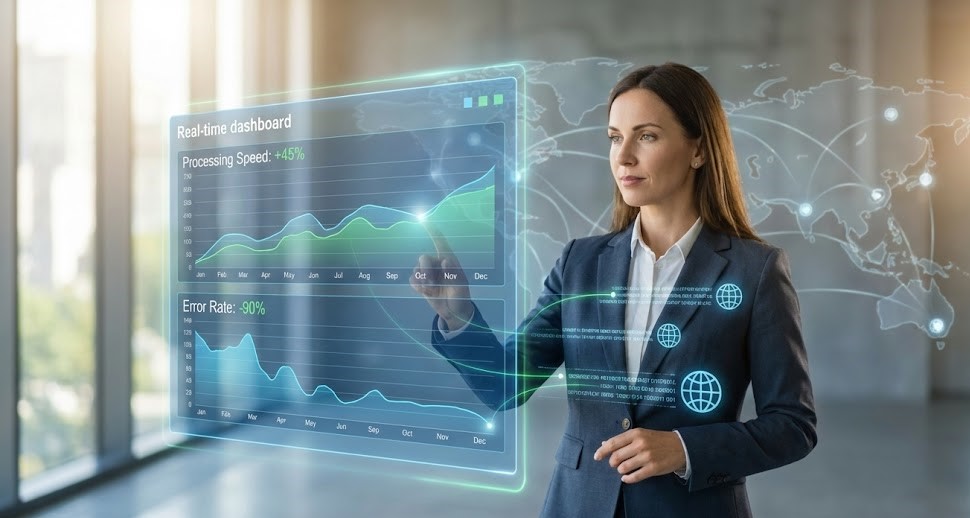 A professional manager using a real-time holographic dashboard powered by Parserdata API for automated logistics invoice processing.