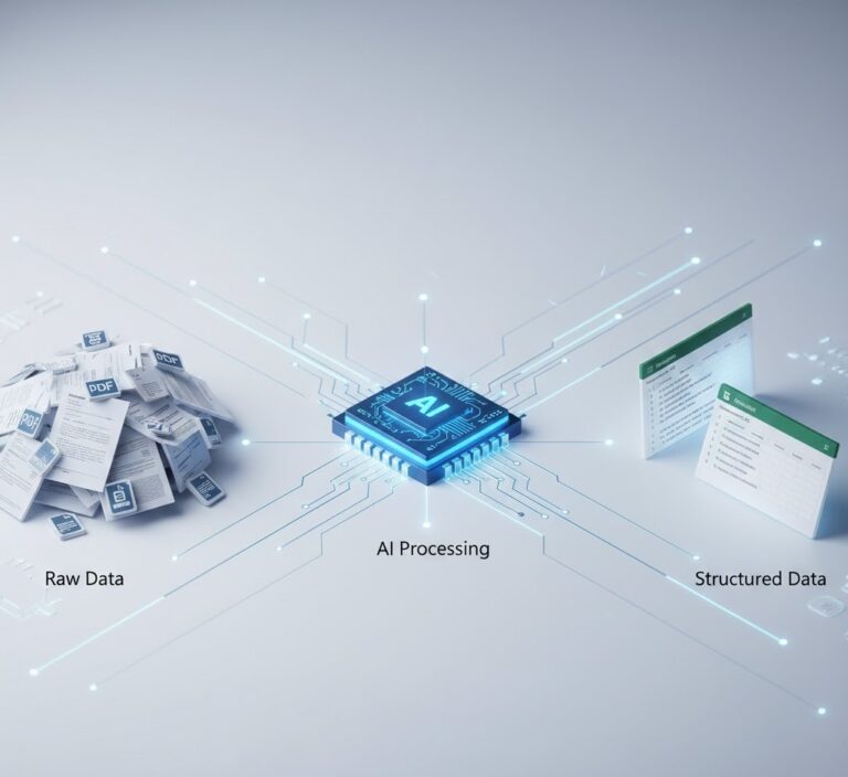 A visual flowchart showing the step by step data extraction process from raw documents to structured databases