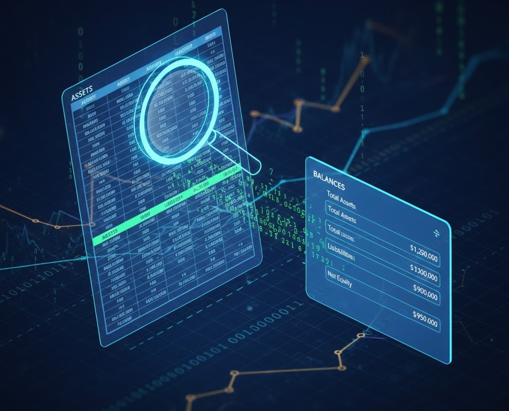 AI performing one of the types of financial data extraction by analyzing a complex balance sheet and mapping it to a dashboard