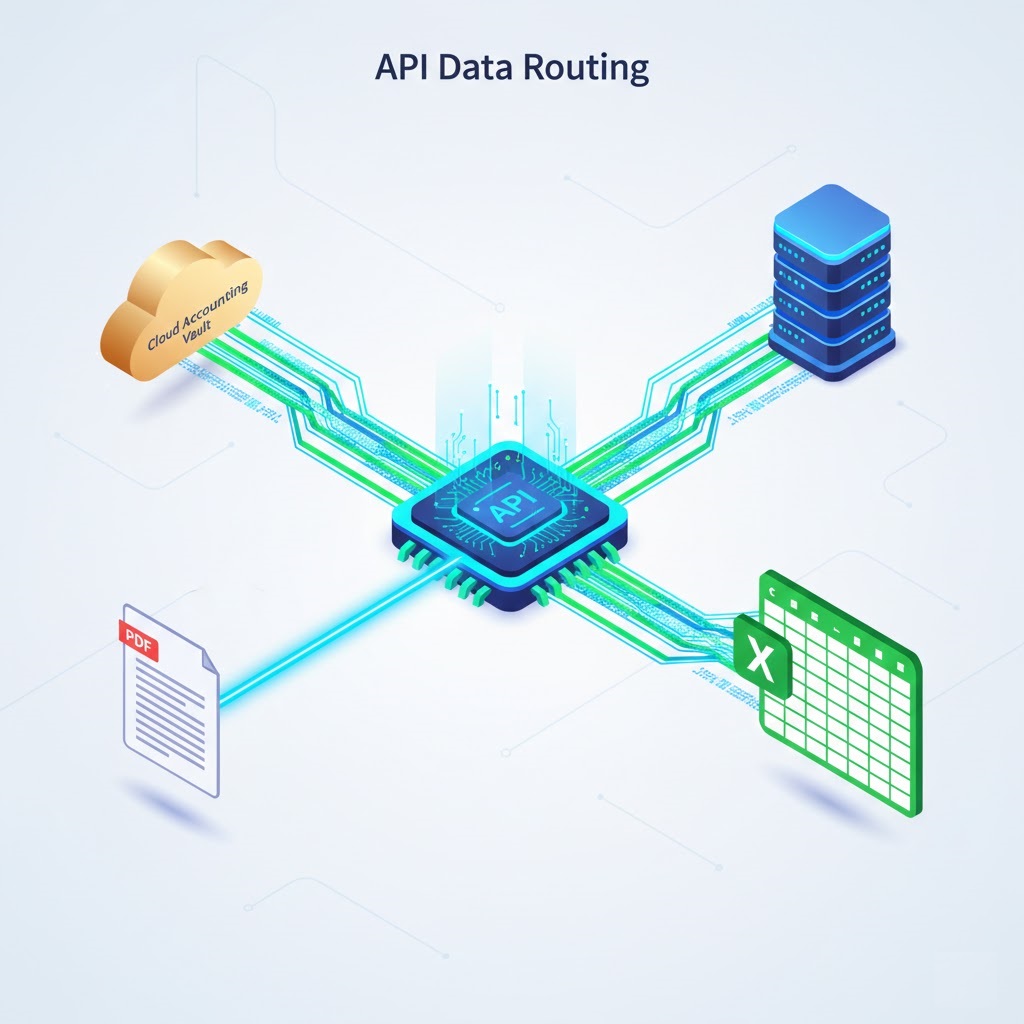 An isometric diagram illustrating how APIs route extracted data into databases, spreadsheets, and accounting software