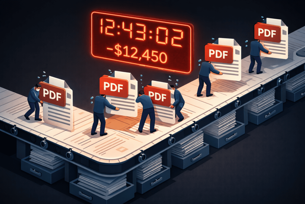 An isometric diagram illustrating the inefficient 5 stages that drive up the manual invoice processing cost