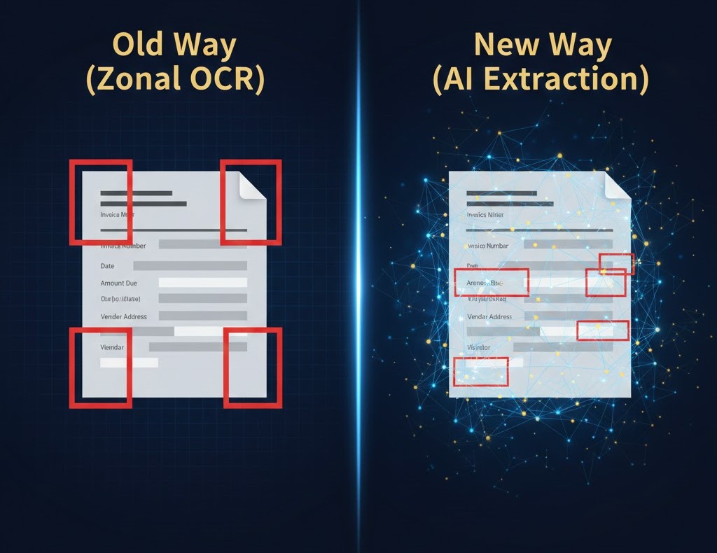 Comparison diagram showing the difference between rigid Zonal OCR and flexible AI in types of financial data extraction