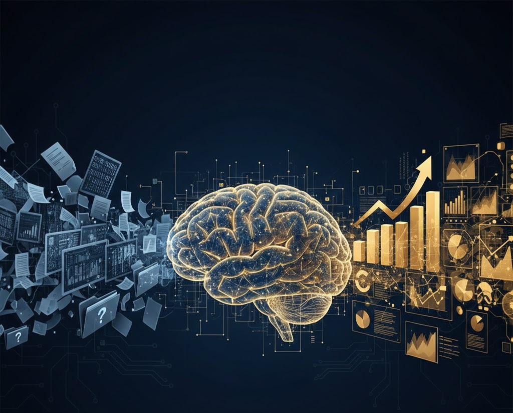Concept illustration of business data analytics explained showing financial growth and data structuring