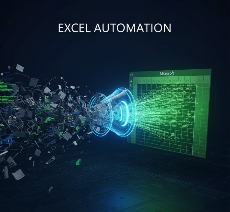 Concept illustration of what is excel automation showing data flowing automatically into digital spreadsheets via API