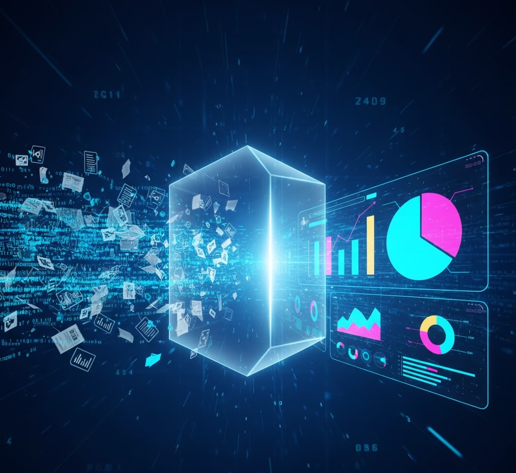 Concept visualization of what is report generation showing raw data transforming into polished dashboards