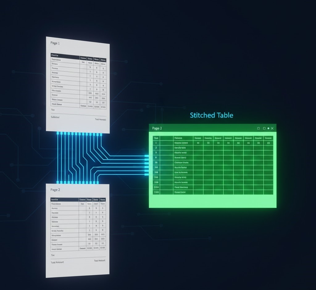 Diagram showing how to extract data from documents with multi-page tables using stitching technology
