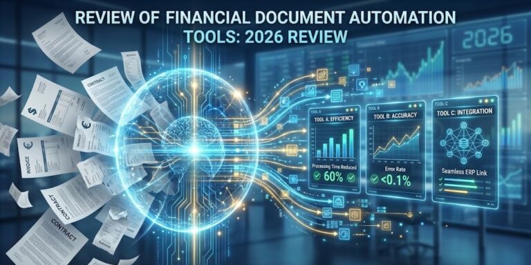 Futuristic illustration comparing top financial document automation tools transforming chaotic paper into organized digital data