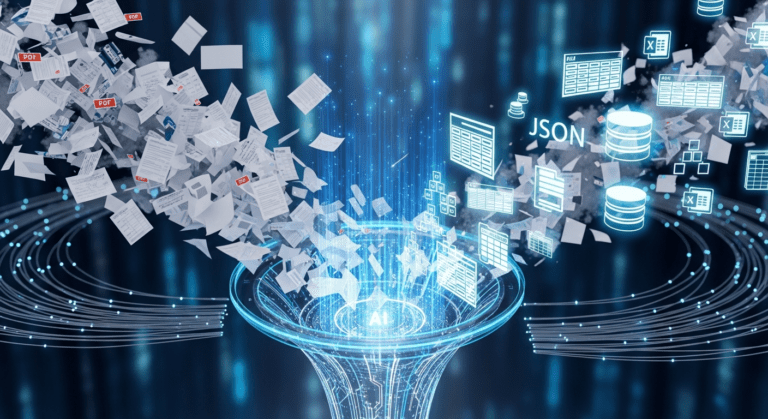 Futuristic illustration demonstrating the automated AI process of how to convert pdfs to structured data like JSON and database tables