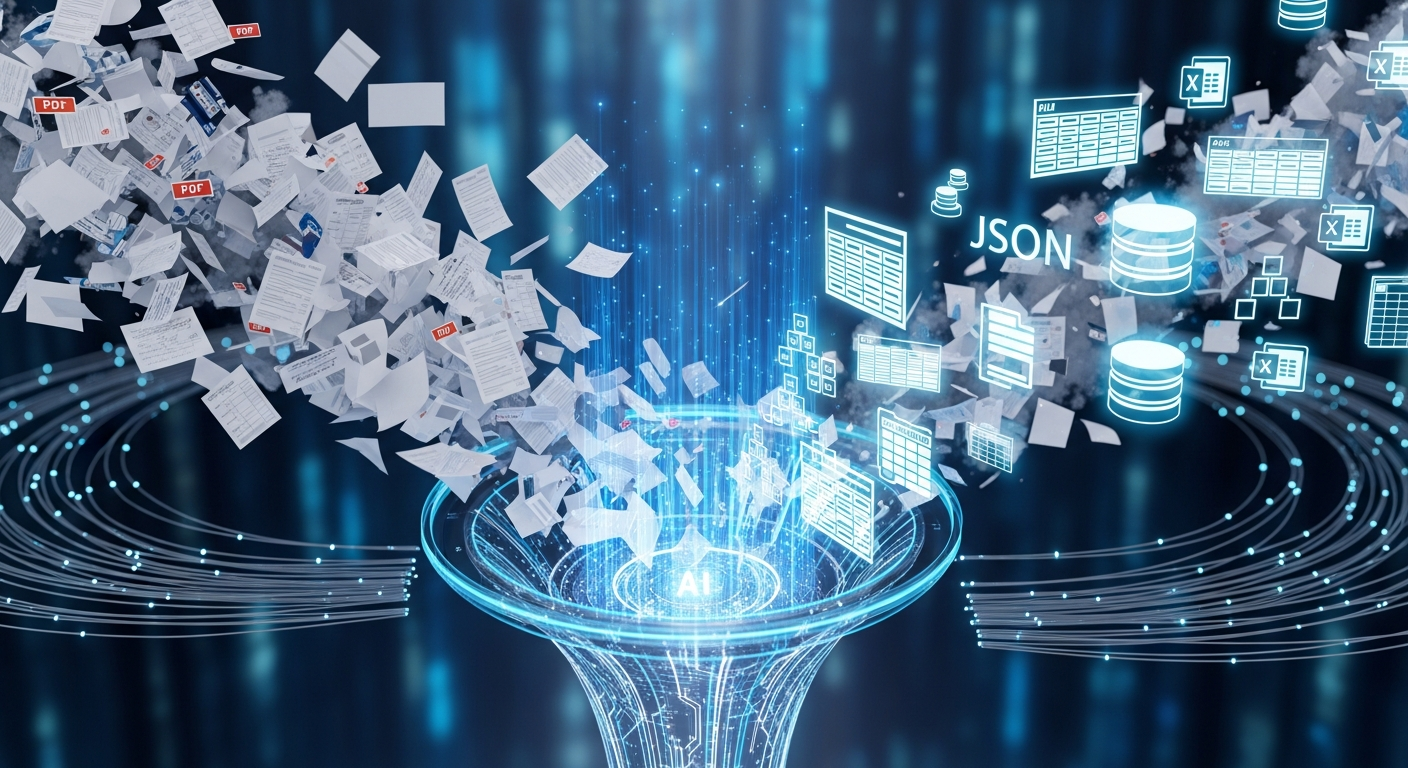 Futuristic illustration demonstrating the automated AI process of how to convert pdfs to structured data like JSON and database tables
