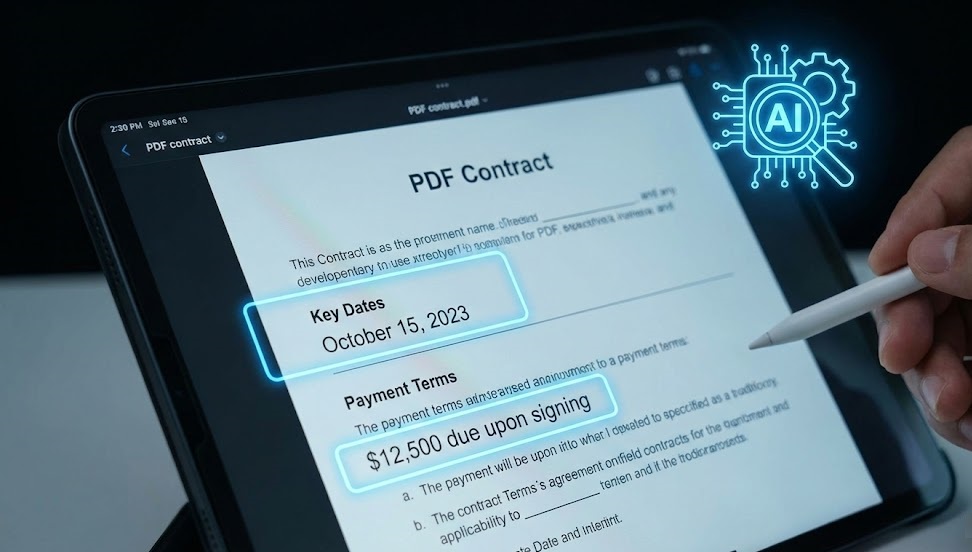 Image of Contract Analysis AI highlighting key dates and payment terms in a PDF