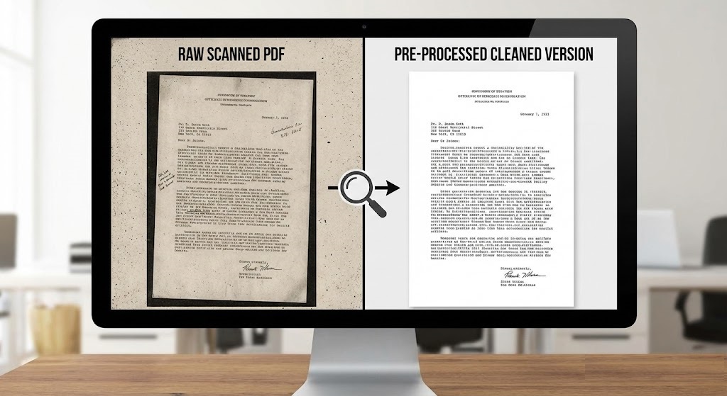 Image of visual comparison between a raw scanned PDF and a pre-processed cleaned version