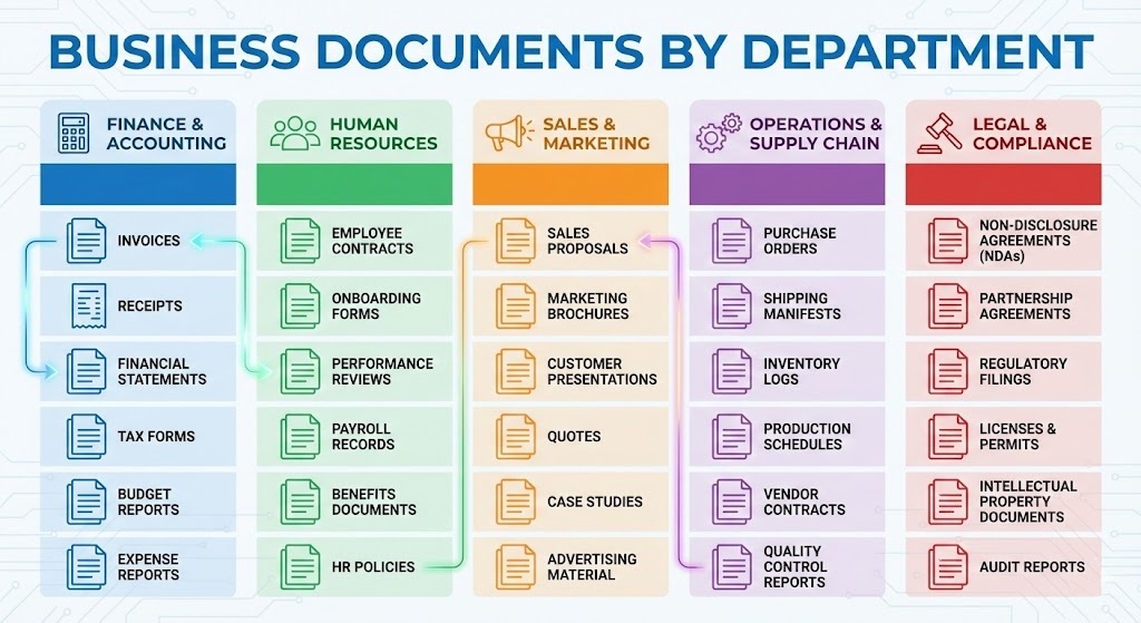Infographic displaying various types of business documents organized by department