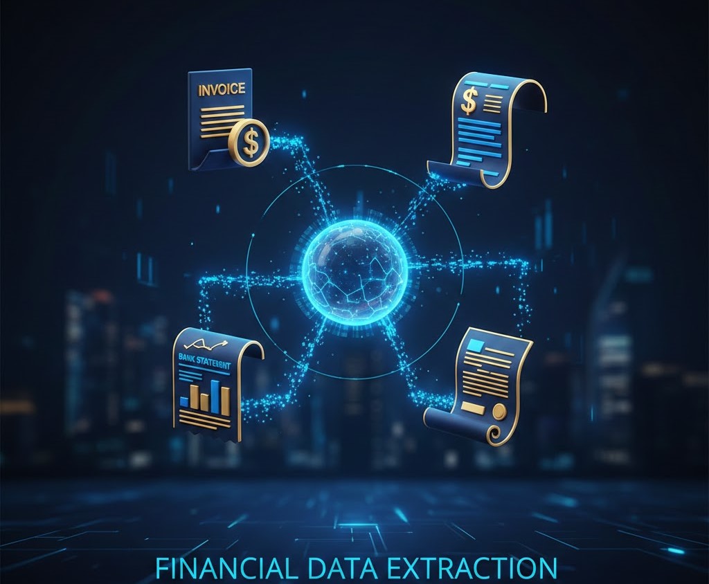 Infographic displaying various types of financial data extraction methods and documents like invoices and receipts