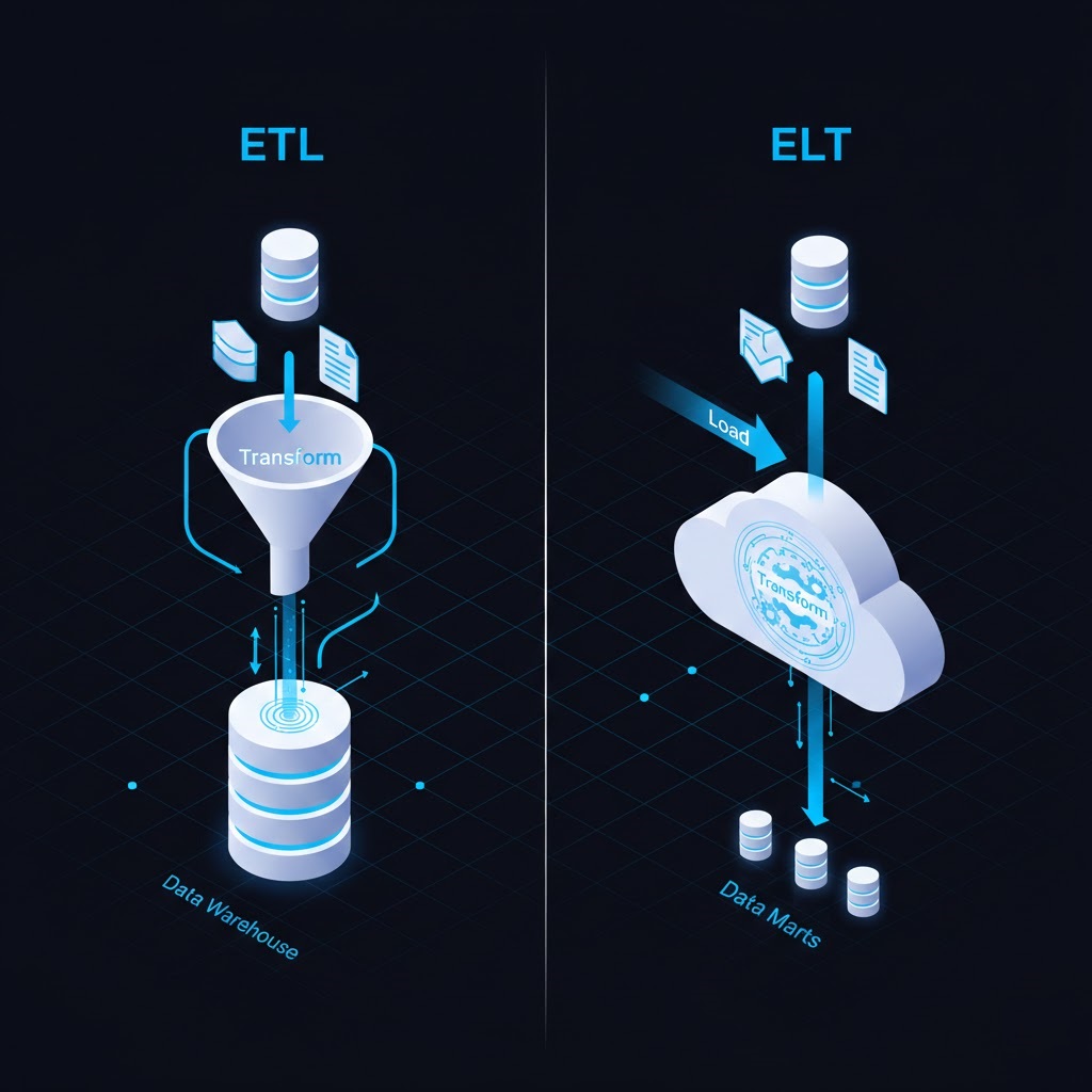 Technical diagram comparing ETL and ELT architectures to explain why integrate data analytics requires robust pipelines