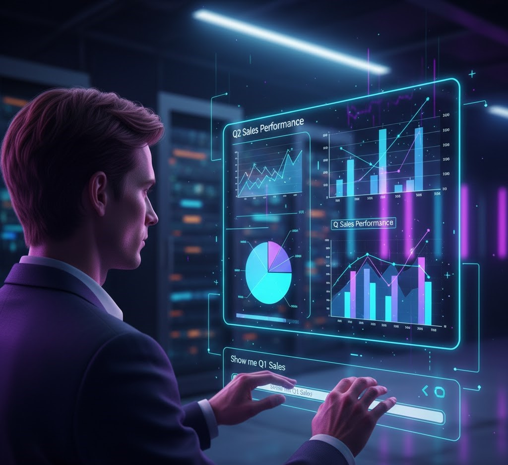 Future technology interface showing Generative AI changing what is report generation into conversational analytics.