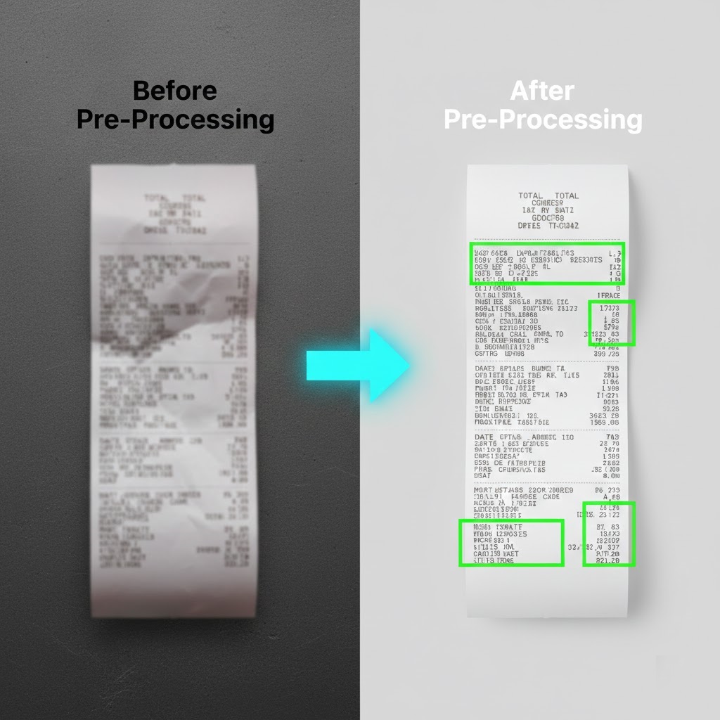Visual comparison of document pre-processing and cleaning before AI extraction.