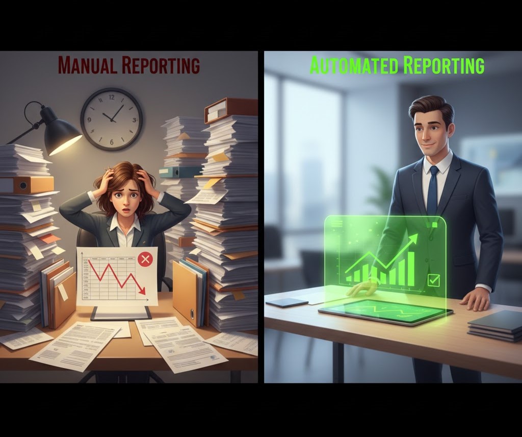 Visual comparison of manual vs automated workflows to explain what is report generation benefits.