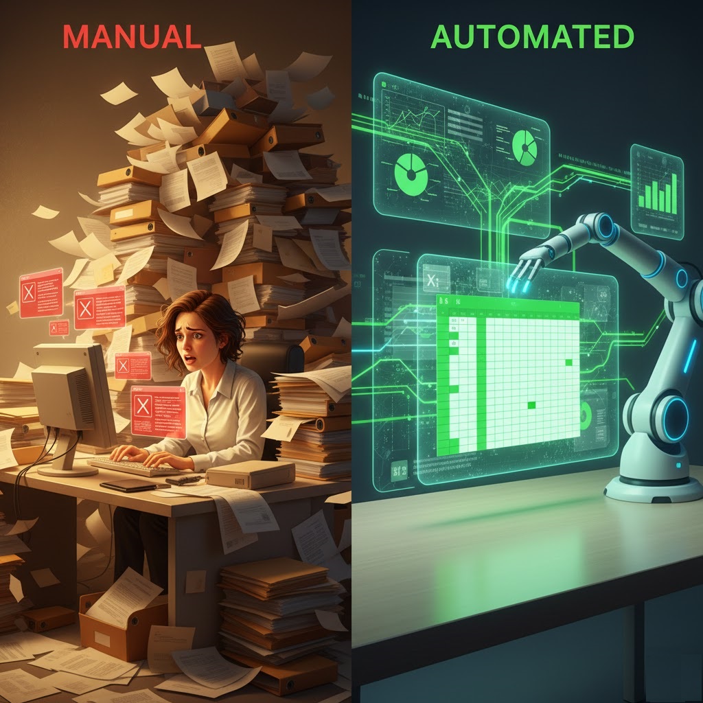 Visual comparison showing the hidden costs of manual data entry versus what is excel automation