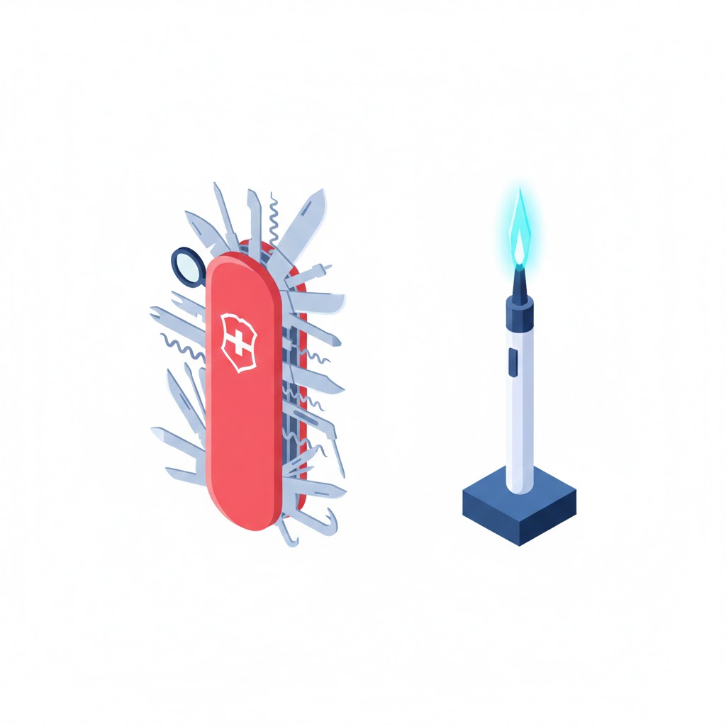 Visual metaphor for Tipalti alternative for data extraction: choosing a precision tool over a clumsy multifunction suite